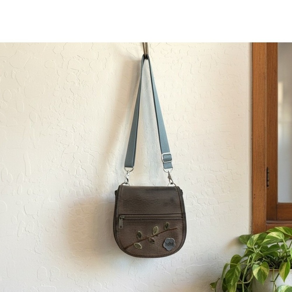 Haiku Jaunt Crossbody Bag Brown Textured Embroidered Leaf with Blue Strap
